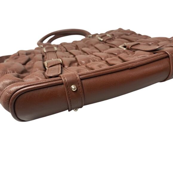 Vintage 1990s Brown Faux Leather Satchel Tote Handbag Silvertone Hardware - Picture 4 of 8